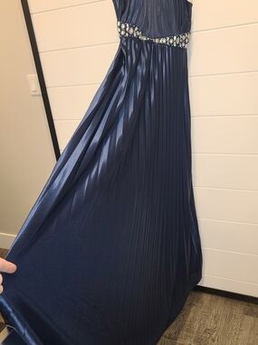 Navy Pleated Maxi Dress with Embellished Waist And Neck Line
